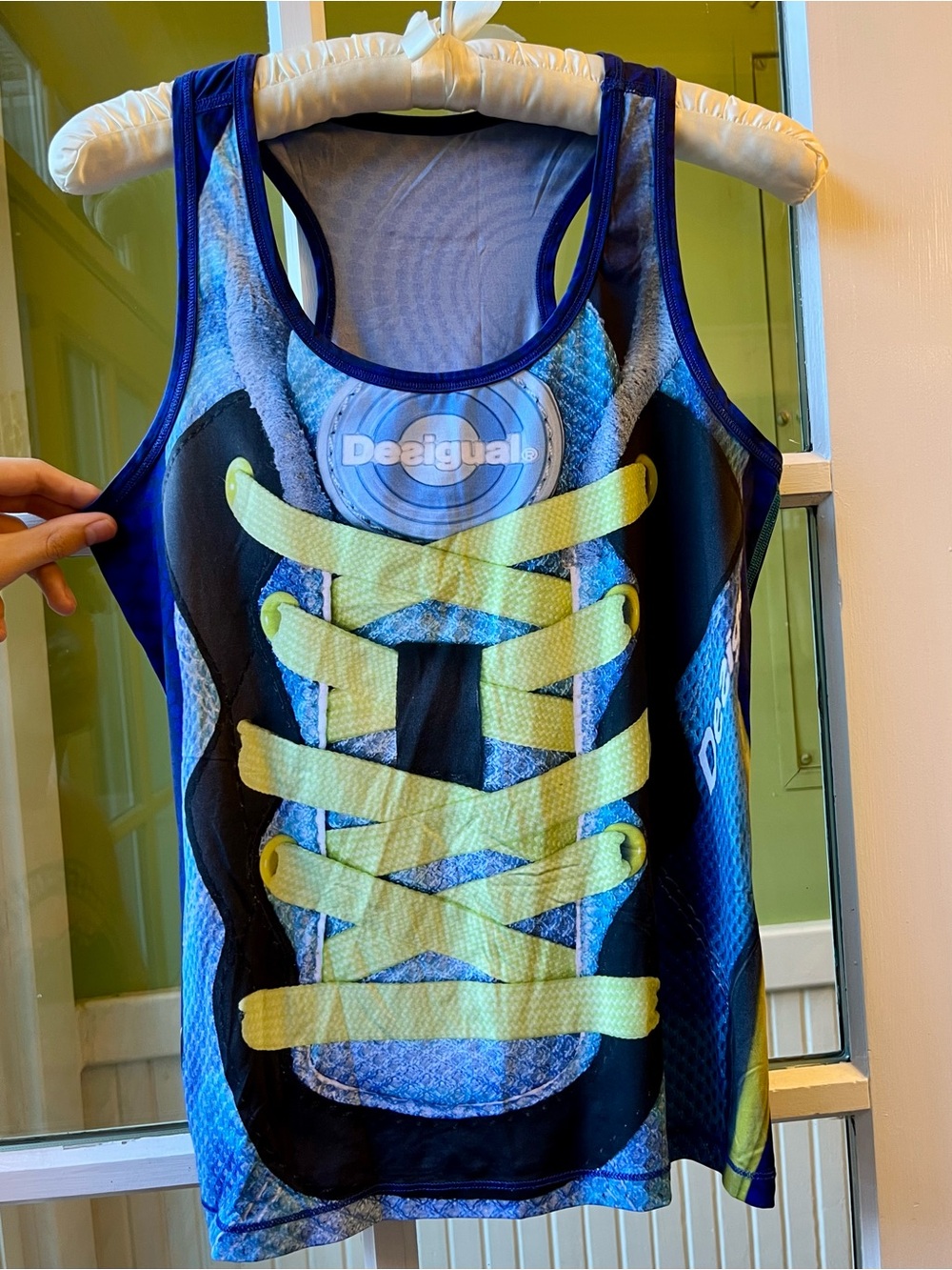 Desigual Shoelace Sneaker Image Racerback Tank Top in Blue & Neon Yellow/Green